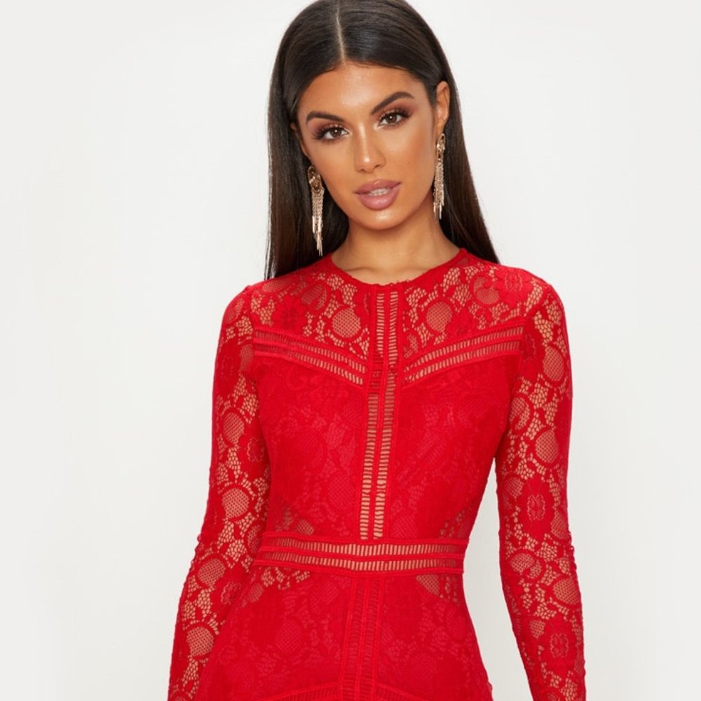 Red Lace Ladder Detail Frill Hem Bodycon Dress